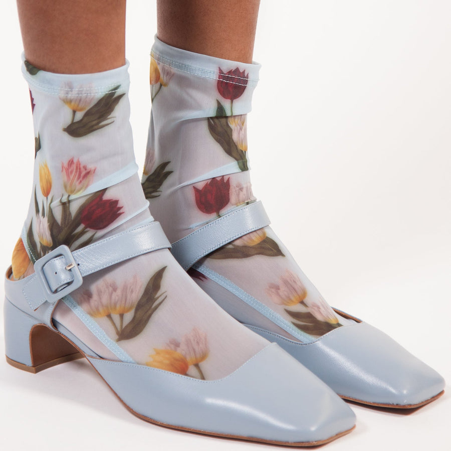 Darner Powder Blue Tulips Floral Mesh Socks - Darner Socks 