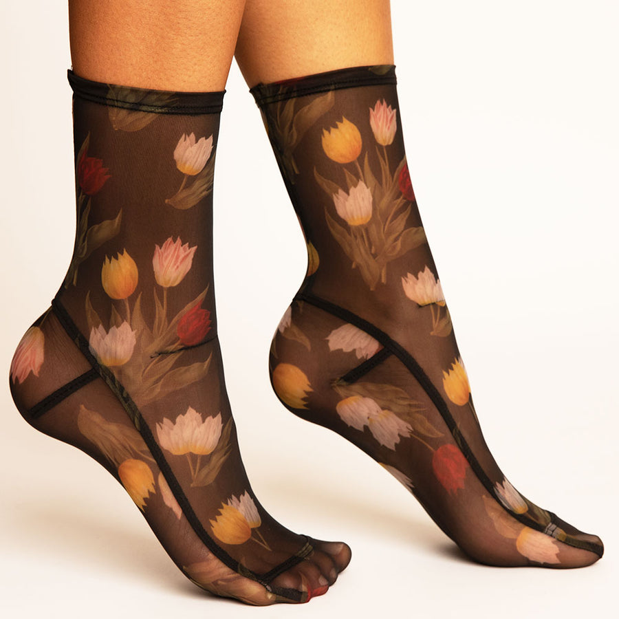 Darner Black Tulips Floral Mesh Socks