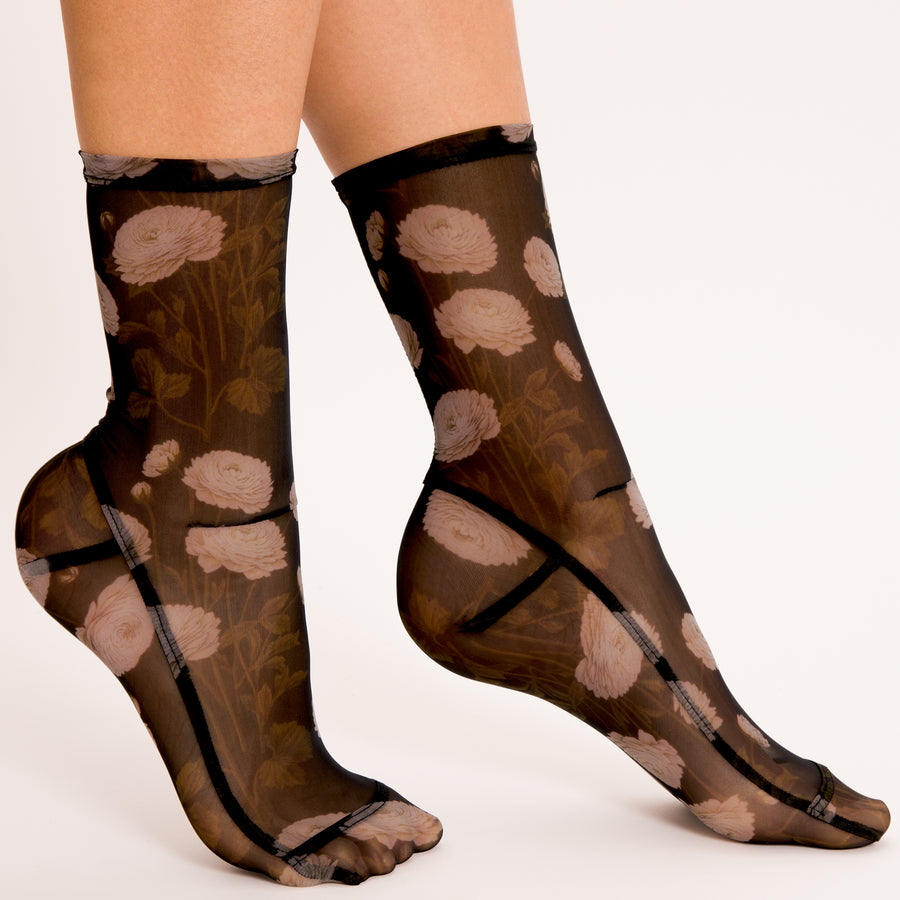 Darner Black Wildflower Floral Mesh Socks