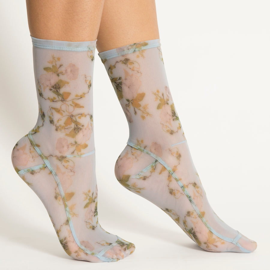 Darner Powder Blue Rosendal Floral Mesh Socks - Darner Socks 