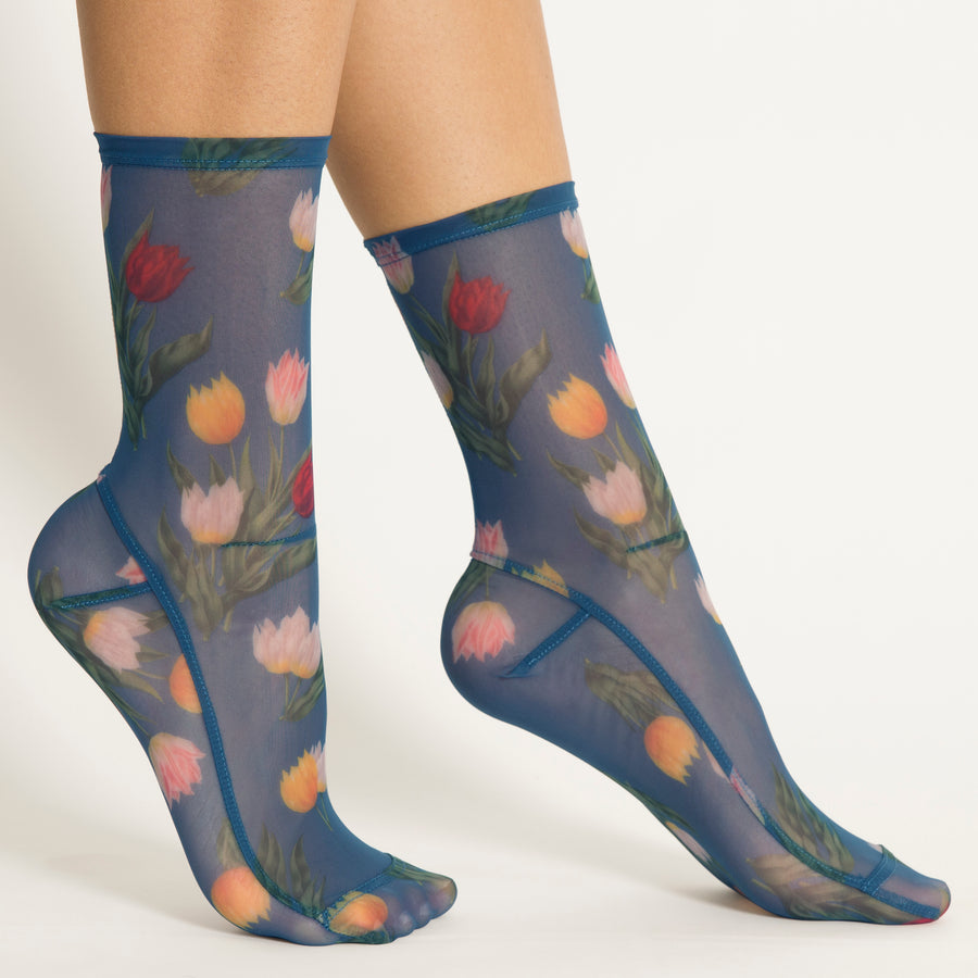 Darner Blue Tulips Floral Mesh Socks