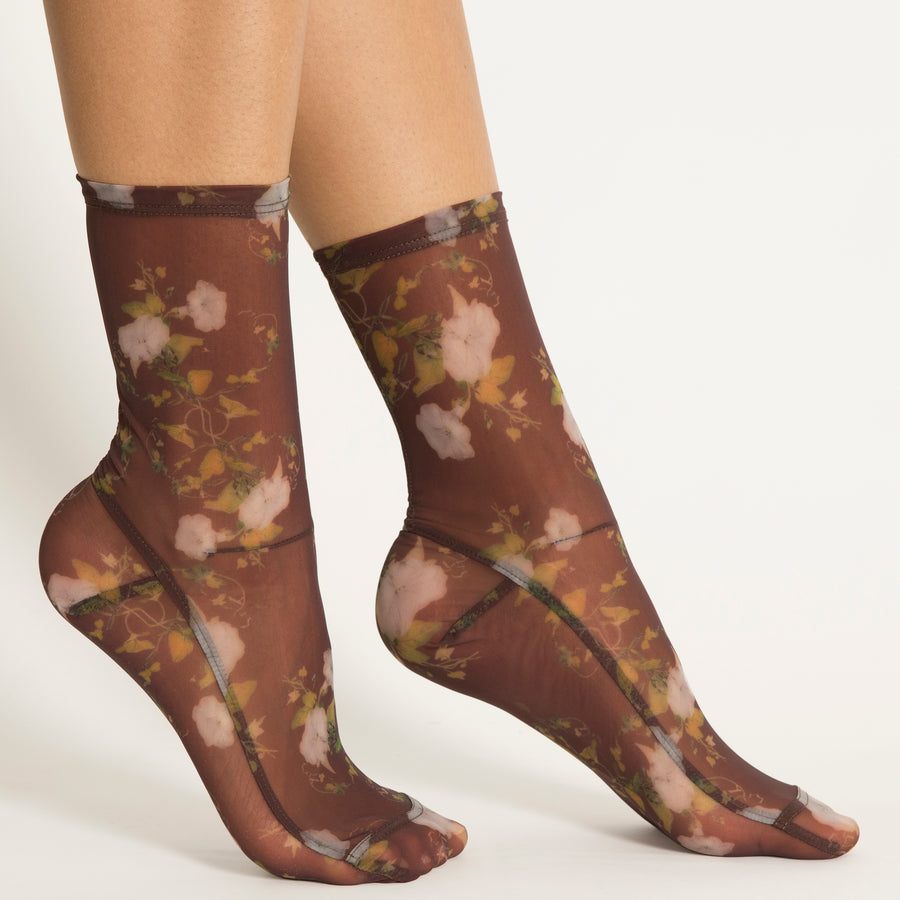 Darner Brown Rosendal Floral Mesh Socks - Darner Socks 