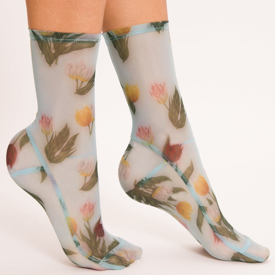 Darner Powder Blue Tulips Floral Mesh Socks - Darner Socks 